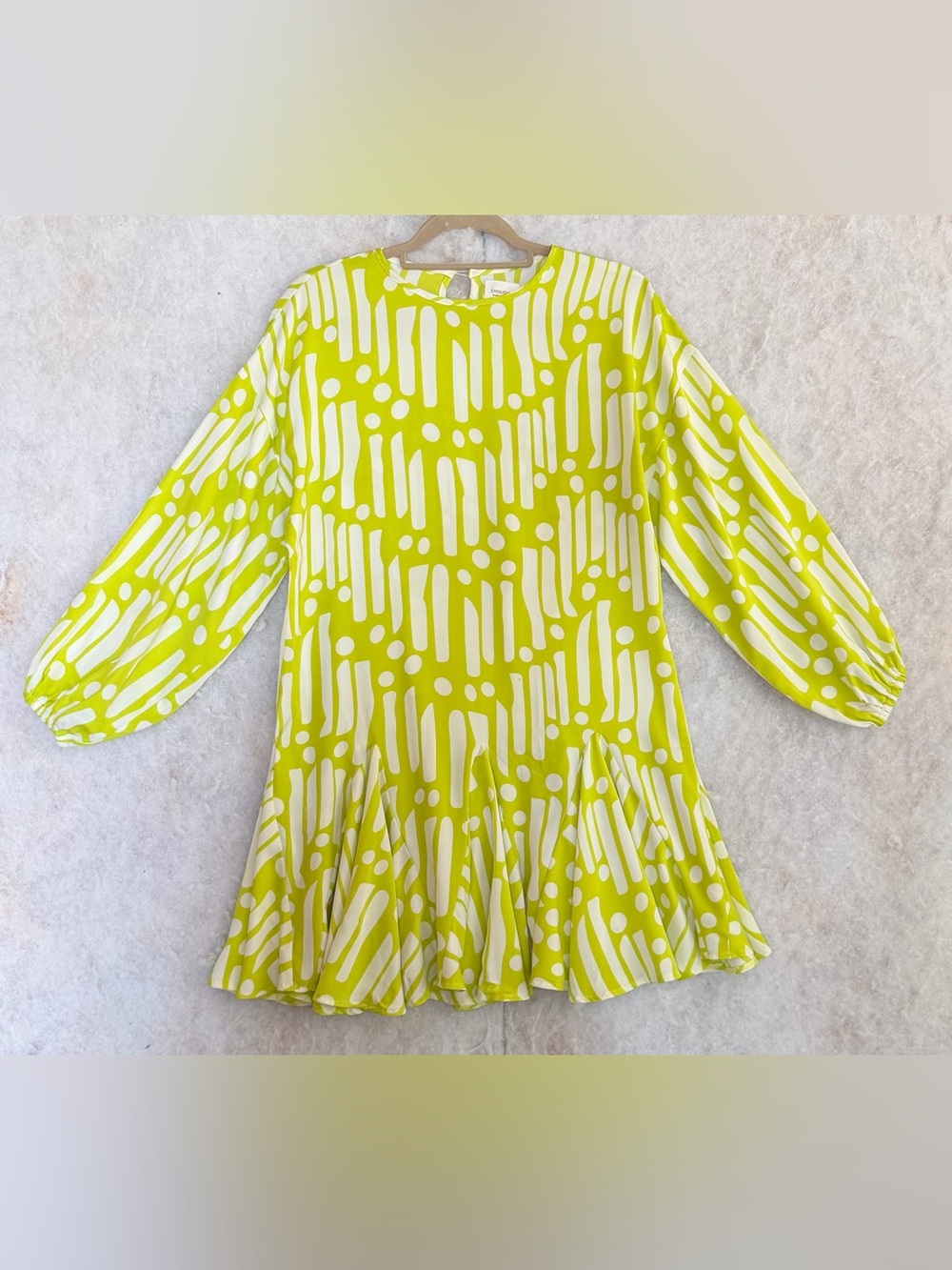 Lime Green Patterned Long-Sleeve Ruffle Hem Dress (SKU835)